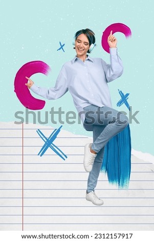 Vertical collage picture of cheerful carefree girl enjoy music dancing isolated on painted copybook background