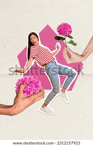 Creative abstract template graphics collage image of excited lady getting flower present isolated colorful pink background