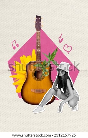 Collage pop retro sketch image of cool lady enjoying guitar music songs isolated painting background