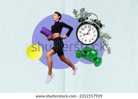 Collage graphics picture of sportive smiling lady running practicing yoga isolated painting teal color background