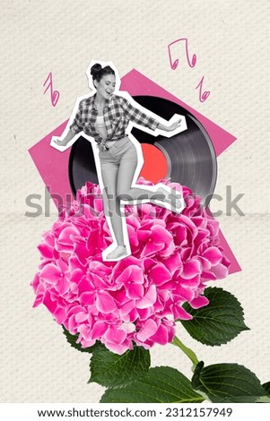 Vertical collage of black white colors carefree mini girl dancing huge fresh flower vinyl record music notes isolated on paper background