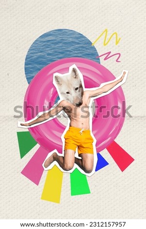 Vertical collage picture of carefree guy wolf head jumping flying big inflatable circle isolated on drawing paper background