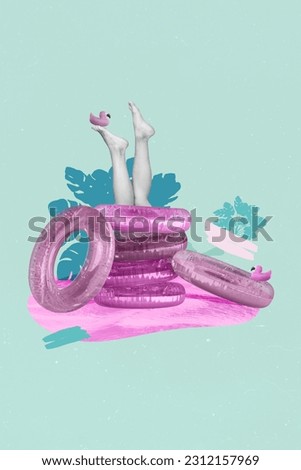 Vertical collage picture of black white gamma girl legs pile stack inflatable rings little flamingo toys isolated on creative background