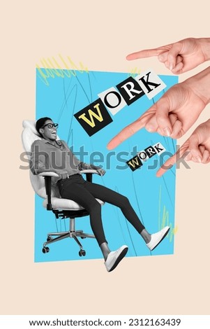 Vertical collage picture of huge arms point finger black white gamma imressed person sit chair work text isolated on beige background