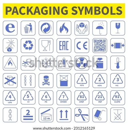 A set of packaging symbols for transportation, storage and product information. Blue symbols isolated on white background. ESP 10.