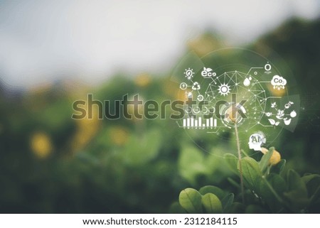 IOT with Futuristic ai technology concept icon on blured nature background, Sustainable, energy, medicine, Natural herbal remedies, Application, agriculture, Metaverse, big data, report, analysis.