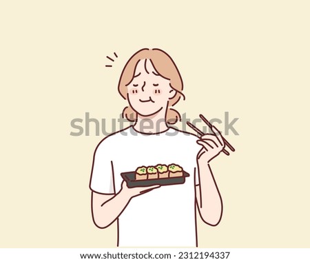 The woman eats fried tofu rice balls. Hand drawn style vector design illustrations. Royalty-Free Stock Photo #2312194337