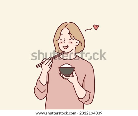 woman enjoy eating rice. Hand drawn style vector design illustrations. Royalty-Free Stock Photo #2312194339