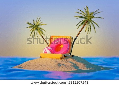 3d realistic advert collage of tourist flight exotic resort destination open luggage enjoy summer weekend on coastline