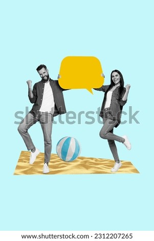 Banner poster collage of two friends enjoying summer offer shouting raise fist up advertise with text box