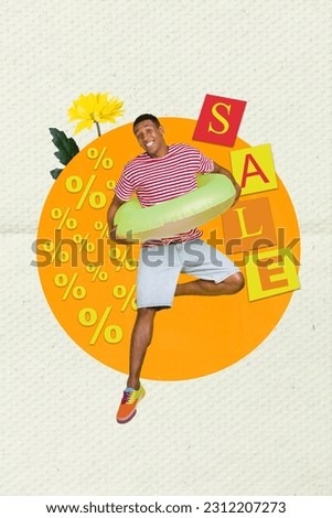 Vertical collage of excited guy hold inflatable ring big percent sale proposition fresh flower isolated on creative paper background