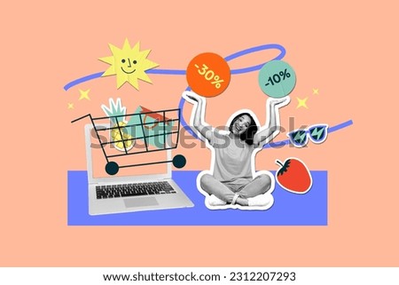 Website poster banner mockup collage of excited lady buying web summer stuff using netbook on special seasonal offer