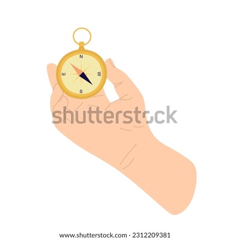 Human hand holding compass isolated. Hand with navigating device. Navigation equipment for Hiking, travel, discovering, exploring and observing nature. Compass, magnetic arrow for orientation. Vector