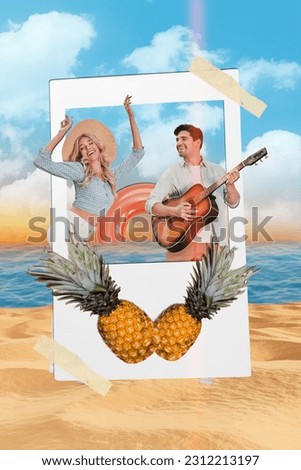 Photo image poster 3d collage of two people have fun dance play song enjoy romantic sunny time sea coast seashore tropical fruit resort