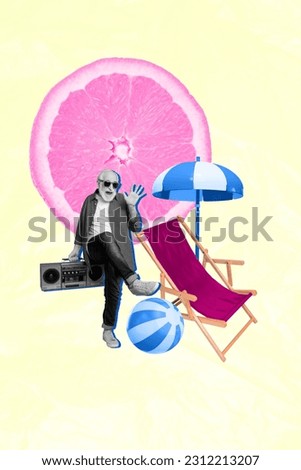 Poster picture banner collage of black white filter pensioner man have fun on summer season crazy party with boom box
