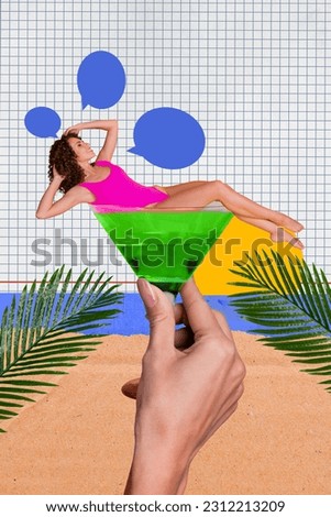 Creative 3d picture image artwork poster collage of charming carefree lady lying big glass mojito cocktail sunbathing enjoy resort abroad