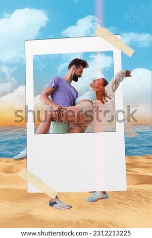 Photography 3d collage image picture of two people family dance on sand coast have fun near ocean good mood relax rest abroad enjoy romance