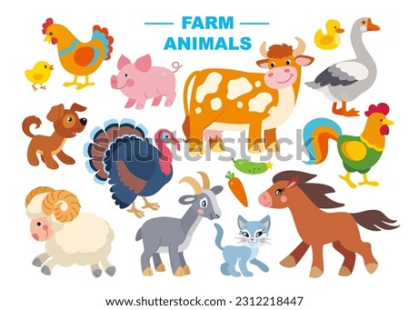 Set of cute farm animals and birds vector illustration. Cartoon animalistic characters in flat style: chicken, rooster, turkey, cow, goat, horse, goose, duck, dog, cat, pig, seep, ram. Royalty-Free Stock Photo #2312218447