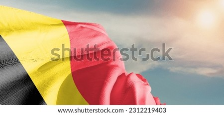 Belgium national flag cloth fabric waving on beautiful grey sky Background. Royalty-Free Stock Photo #2312219403