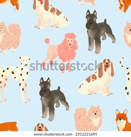 Seamless Repeat Watercolor Hand Painted Style Dog Breeds Puppies Cute 