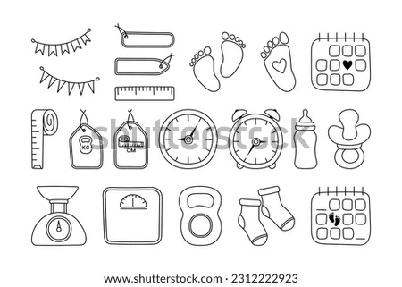 Set baby metric doodles. Birth announcement. Vector set newborn hand drawn elements. Gender party outline icons. Birth stats line art illustrations. Age, height, weight data and cute baby accessories. Royalty-Free Stock Photo #2312222923