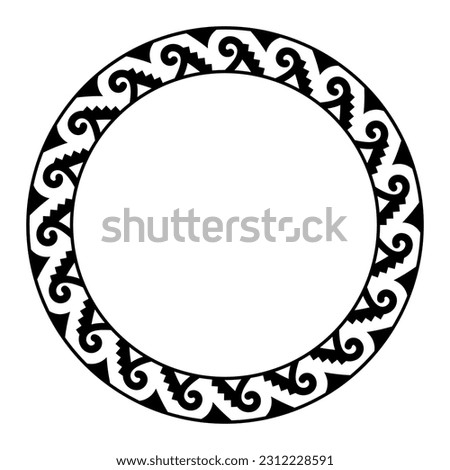 Aztec spiral step fret pattern, circle frame. Decorative border made of a fish hook shaped spiral, also called ankistron, connected to steps, seamless repeated. Stepped fret and serpent meander motif.
