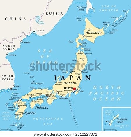 Japan political map. Main islands Honshu, Hokkaido, Kyushu, Shikoku and Okinawa. East Asian island country in the North Pacific bordered by Sea of Japan and Okhotsk, and East China and Philippine Sea. Royalty-Free Stock Photo #2312229071