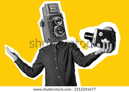Collage 3d image of pinup pop retro sketch of funny guy old camera instead of head showing shot gesture isolated painting background Royalty-Free Stock Photo #2312241677