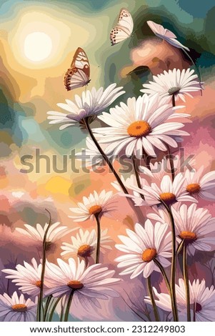 Field spring wildflowers chamomile close-up with flying butterflies, illuminated in the morning, vector illustration vertical format