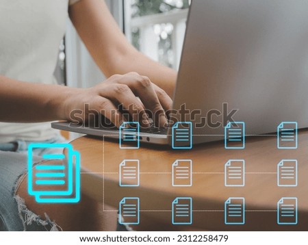 Document management concept, young woman organizing data files record keeping on a large online database