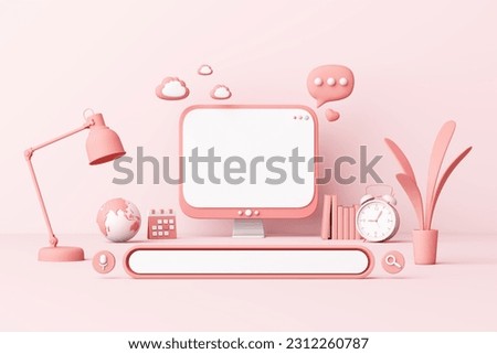 Search bar computer pastel peach. Object 3d mockup with screen monitor, magnifying glass, table lamp, book. Education online internet. Working table or work from home. Clipping path. 3D Illustration.