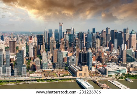 Magnificent aerial view of New York. Manhattan Midtown skyline at summer sunset.