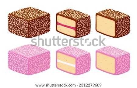 Lamington, traditional Australian dessert. Sponge cake covered in chocolate and coconut, with layer of jam and strawberry flavor. Vector clip art illustration.