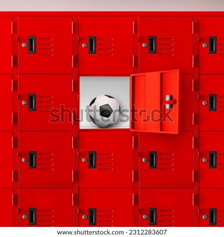 Soccer ball in red locker or gym locker in room Royalty-Free Stock Photo #2312283607