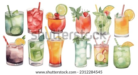 Orange, apple, lemon, avocado, peach and pomegranate drinks in glasses, set of summer watercolor juices in watercolor style Royalty-Free Stock Photo #2312284545