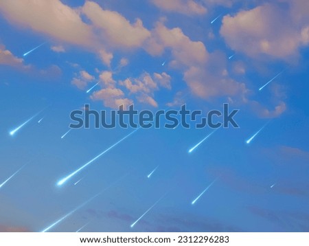Meteor shower in the daytime sky. Meteorites fall in the light of the sun. Shooting stars against the background of clouds and blue sky.
