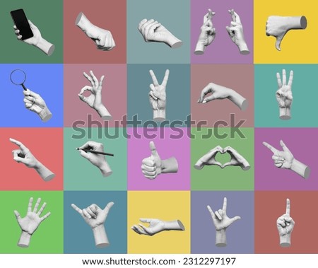 Set of 3d hands showing gestures ok, peace, thumb up, dislike, point to object, shaka, rock, holding loupe, writing on different color backgrounds. Contemporary art, creative collage. Modern design