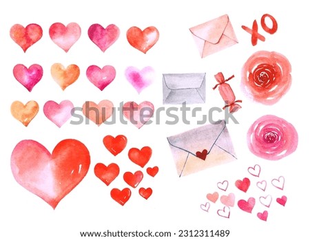 Set of cute romantic watercolor Valentine's Day elements. Isolated on white background. Can be used for valentine's day, greeting cards and invitations. Hand drawn watercolor illustration.