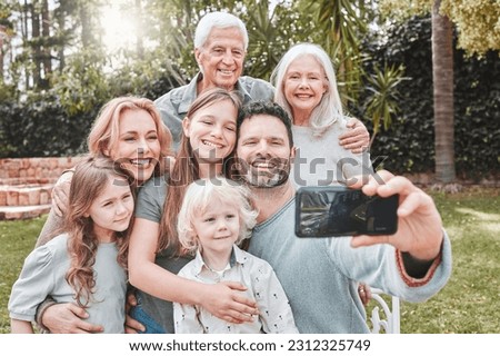 Big family selfie, smile and outdoor in park with happiness, love and bonding for social media, app or internet post. Father, mother and daughter with grandparents, profile picture or backyard garden