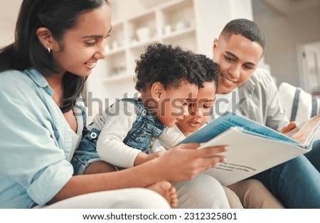 Young happy family, children reading and sofa for story, book and learning together in home, love and bonding. Parents, education and kids on living room couch with smile, care and support in house