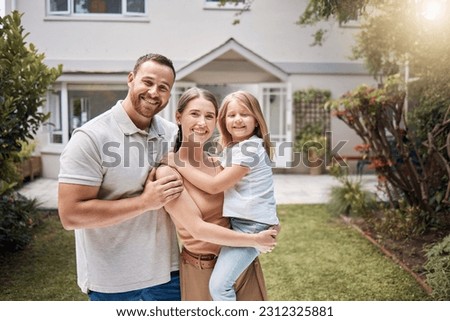Portrait, happy family and kid outdoor at new house, real estate and building mortgage in residential neighborhood. Mother, father and child smile outside for property investment, moving or homeowner Royalty-Free Stock Photo #2312325881