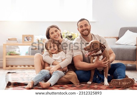 Mom, dad and portrait of kid with dog in living room for quality time, love and care together at home. Mother, father and happy family with child, pet pitbull and relax for happiness on carpet floor Royalty-Free Stock Photo #2312325893