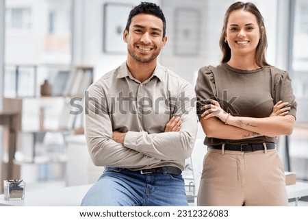 Arms crossed, happy and portrait of business people in office for teamwork, entrepreneur and professional. Pride, smile and partnership with man and woman for support, collaboration and happiness Royalty-Free Stock Photo #2312326083