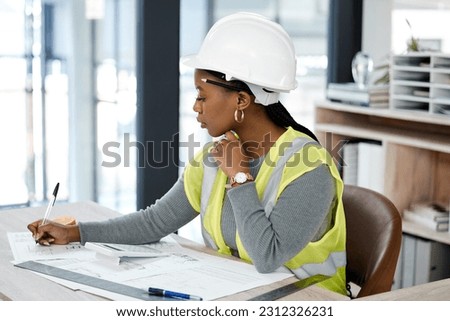 Architecture, drawing and blueprint with black woman in office for engineering, illustration and project management. Buildings, designer and construction with contractor and graphic floor plans