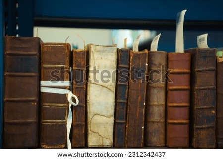A shelf of rare and treasured books catalogued and displayed at the Beinecke Rare Book and Manuscript Library. Royalty-Free Stock Photo #2312342437
