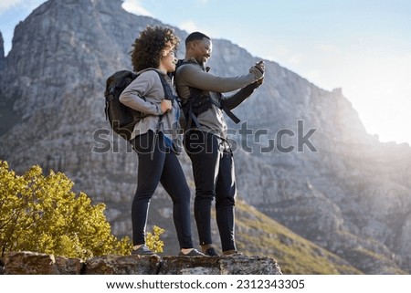 Camera, fitness and couple hiking, view and exercise for wellness, health and cardio with happiness. Training, black man and woman with workout, picture and memory with a smile, hike and adventure