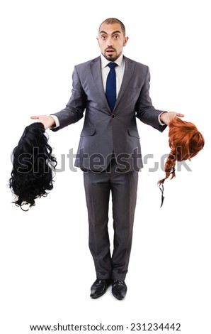 Funny businessman with female wig isolated on white