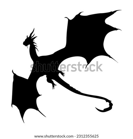 Flying dragon silhouette in black isolated on white background. Hand drawn vector silhouette of dragon lizard