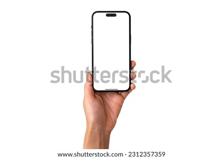 Hand holding the black smart phone 14 pro max with blank screen and modern frameless design in two rotated perspective positions - isolated on white background - Clipping Path Royalty-Free Stock Photo #2312357359