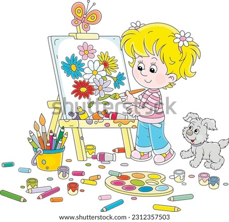 Little girl painter drawing a beautiful bouquet of summer flowers on her easel with a paintbrush, bright paints and color pencils, vector cartoon illustration isolated on white
